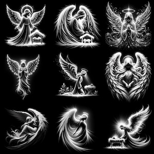 以下が含まれることがあります： 翼のある天使の白黒イラストが9つあります。天使は、ひざまずいたり、立ったり、祈ったりなど、さまざまなポーズで描かれています。イラストは、スタイリッシュで幻想的なスタイルで描かれています。