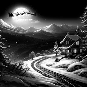 Op de afbeelding: Een zwart-witte illustratie van een besneeuwde winterscène met een klein huisje, een kronkelend spoor en een silhouet van Sinterklaas die in zijn slee met rendieren door de lucht vliegt.