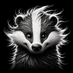 May include: A black and white illustration of a badger with a friendly expression. The badger has a white stripe across its face and a fluffy, textured coat.