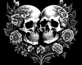 May include: Two black and white human skulls with floral details, facing each other, forming a heart shape.