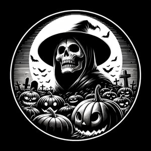 May include: Black and white illustration of a Grim Reaper wearing a witch's hat and robe, surrounded by carved pumpkins and tombstones. The Reaper's skull is visible, and the background is a full moon.
