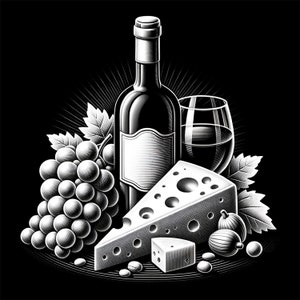 May include: Monochrome illustration featuring a wine bottle, a glass of wine, a wedge of cheese, grapes, and figs. The wine bottle has a blank label. The cheese has holes. The image is set against a black background.