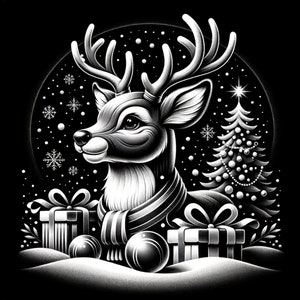 Op de afbeelding: Een zwart-witte illustratie van een hert dat een sjaal draagt en voor een kerstboom met cadeaus staat. Het hert heeft een feestelijke uitdrukking op zijn gezicht en is omringd door sneeuwvlokken.