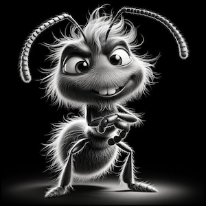 Puede incluir: Una ilustración de dibujos animados en blanco y negro de una hormiga con una expresión traviesa. La hormiga tiene ojos grandes, una amplia sonrisa y un cuerpo peludo. Está de pie sobre sus patas traseras con sus patas delanteras levantadas.