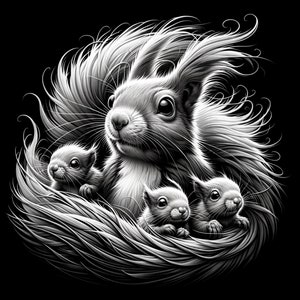 May include: A black and white illustration of a mother squirrel with three baby squirrels. The mother squirrel is curled up with her babies in a nest of fur.