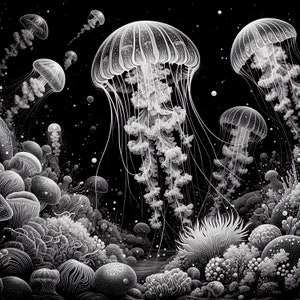 May include: A black and white illustration of jellyfish and coral in an underwater scene. The jellyfish are translucent and have long tentacles. The coral is detailed and intricate.