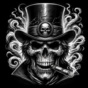 May include: Black and white illustration of a skull wearing a top hat and smoking a cigar. The skull has detailed shading and is surrounded by swirling smoke. A skull emblem adorns the hat.