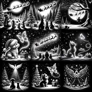 Puede incluir: Un collage de arte digital en blanco y negro que presenta una variedad de escenas navideñas. Las escenas incluyen un bosque de invierno con un trineo volador, un gato con un halo brillante, un perro con un halo brillante, un grupo de personas caminando en la nieve y un ángel con un halo brillante.