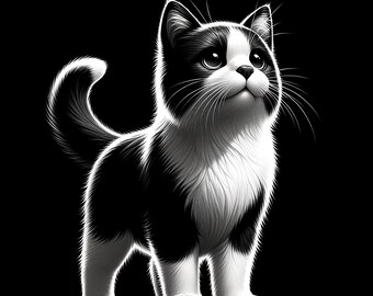 Puede incluir: Un gatito blanco y negro con el pecho y las patas blancas se encuentra de pie sobre un fondo negro, mirando hacia arriba con grandes ojos redondos.