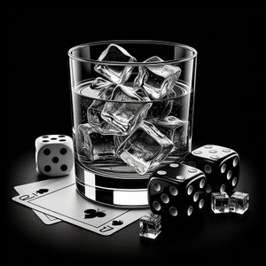 Könnte beinhalten: Ein Glas Wasser mit Eiswürfeln, zwei schwarzen Würfeln, einem weißen Würfel und zwei Spielkarten mit der Zahl 10 und der Farbe Pik.