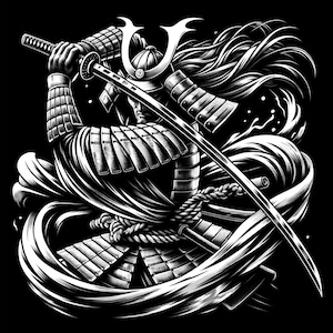 Op de afbeelding: Zwart-witte illustratie van een samoerai-krijger in volledige bepantsering, die een katana-zwaard vasthoudt. Het haar en de kleding van de krijger wapperen in de wind, wat een dynamisch en krachtig beeld creëert.