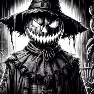 以下が含まれることがあります： 幅広の帽子をかぶったカボチャの頭をつけた、怖い案山子の白黒のイラスト。案山子はトウモロコシの茎が背景にある畑に立っている。