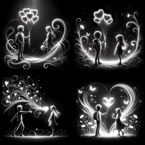 May include: Four black and white illustrations of couples holding heart-shaped balloons. Each illustration features a boy and girl standing in a whimsical setting with swirling lines and flowers.
