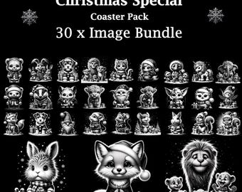 May include: A set of 30 black and white images featuring various animals in a Christmas theme. The images are designed for use as coasters. The text "Christmas Special Coaster Pack 30 x Image Bundle" is displayed at the top of the image.