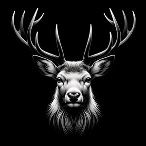 May include: A black and white illustration of a deer's head with large antlers. The deer is looking directly at the viewer.