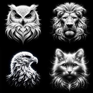 Pode incluir: Uma ilustração digital em preto e branco de quatro animais: uma coruja, um leão, uma águia e um gato. Cada animal é retratado com detalhes intrincados que se assemelham a penas.