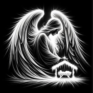 May include: A white angel with large wings stands over a manger with a baby inside. The angel is glowing with a soft light, and the scene is set against a black background.
