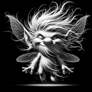 May include: A black and white illustration of a fairy with a mischievous smile, large ears, and wings. The fairy has a fluffy, windblown hairstyle and is depicted in mid-flight.