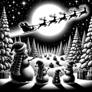 May include: Three snowmen stand in a snowy forest, looking up at Santa Claus flying in his sleigh pulled by reindeer. The moon is full and bright, and stars twinkle in the night sky.
