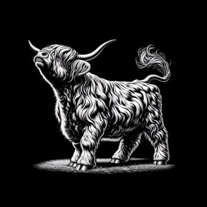 May include: A black and white illustration of a Highland cow with long, shaggy fur. The cow is standing on a grassy surface and looking up.