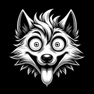 May include: Black and white illustration of a cartoon wolf with a wide grin and its tongue sticking out. The wolf has large, round eyes and a fluffy mane.