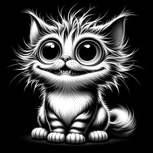以下が含まれることがあります： 大きな目と笑顔の漫画の猫の白黒のイラスト。猫はふわふわで乱れた毛皮を持っており、足を体の下に折りたたんで座っています。