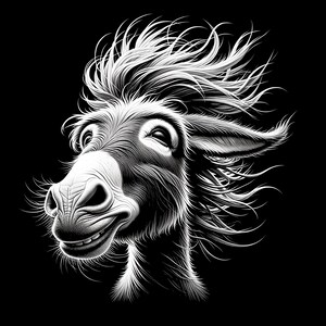 May include: A black and white illustration of a donkey with its hair blowing in the wind. The donkey has a happy expression on its face.