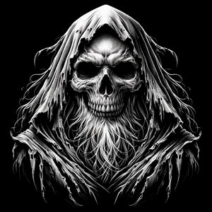 May include: A black and white illustration of a skull wearing a hooded robe. The skull has a long, flowing beard and a menacing expression.