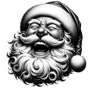 May include: A black and white illustration of Santa Claus laughing with his mouth open and eyes closed. He is wearing a Santa hat and has a long white beard.