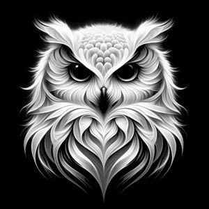 Pode incluir: Uma ilustração em preto e branco de uma coruja com detalhes intrincados de penas. Os olhos da coruja são grandes e pretos, e seu bico é afiado.