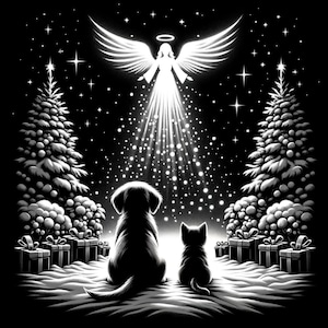 Könnte beinhalten: Schwarzweiß-Illustration eines Hundes und einer Katze, die zu einem Engel mit Flügeln und Heiligenschein aufblicken. Der Engel ist von einem hellen Licht und Sternen umgeben. Der Hund und die Katze stehen vor zwei Weihnachtsbäumen.