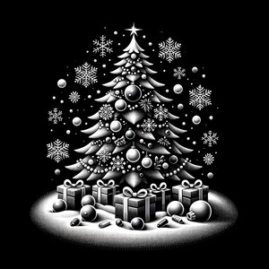 May include: A black and white illustration of a Christmas tree decorated with ornaments and snowflakes. The tree is surrounded by wrapped presents and a snowy ground.
