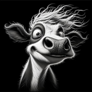Op de afbeelding: Een zwart-witte cartoon-koe met een grote glimlach en windhaar. De ogen van de koe zijn wijd open en ze kijkt naar rechts.