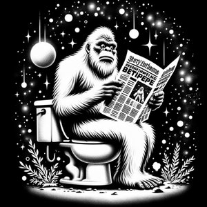 May include: A black and white illustration of a yeti sitting on a toilet and reading a newspaper titled "Starry Earths,  Breaking News, Betipepe". The background is a black space with white stars.