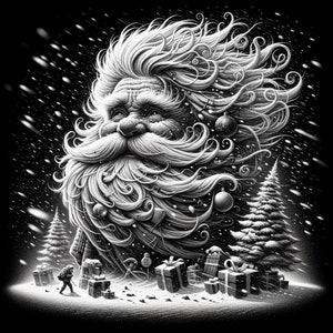 Op de afbeelding: Een zwart-witte illustratie van een grote, baardige figuur met wervelend haar en een lange baard. De figuur is omringd door sneeuw en cadeaus, wat een winters tafereel creëert.