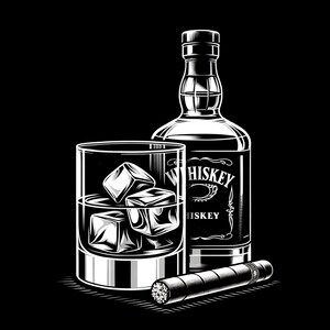 May include: A black and white illustration of a bottle of whisky, a glass of whisky with ice cubes, and a cigar. The bottle has the word "Whiskey" printed on the label.