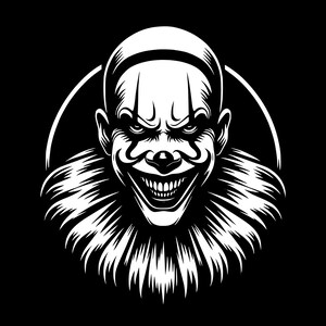以下が含まれることがあります： 不気味な笑顔の不気味なピエロの白黒イラスト。ピエロは白い化粧、赤い鼻、フリルカラーをしています。画像は黒い背景に設定されています。
