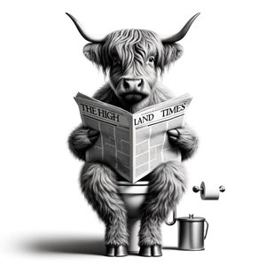 May include: A black and white illustration of a Highland cow sitting on a toilet, reading a newspaper titled "THE HIGH LAND TIMES." The cow has long, shaggy fur and large horns. A toilet paper roll and a small metal trash can are also visible.