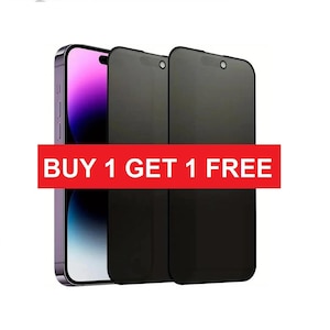 May include: A purple smartphone and two black screen protectors. A red banner across the bottom displays "BUY 1 GET 1 FREE" in white text. The screen protectors have a camera cutout at the top.