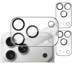 May include: Clear camera lens protectors with black circular detailing. The protectors are designed for a smartphone camera array. The image shows the protectors in different positions, with a phone visible.