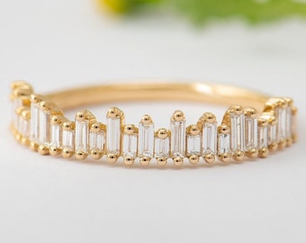 Baguette Diamond Ring, 14K Yellow Gold Baguette Half Eternity Ring, Gold Stacking Ring,0.45 ct white baguette eternity band,gift for her.
