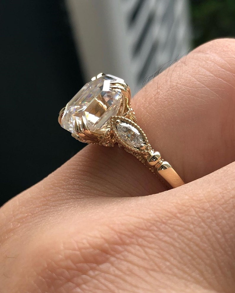 5.50 CT emerald cut moissanite engagement ring 11 x 8.5 mm solitaire ringemerald cut engagement ring14k yellow gold wedding ringwomen image 4