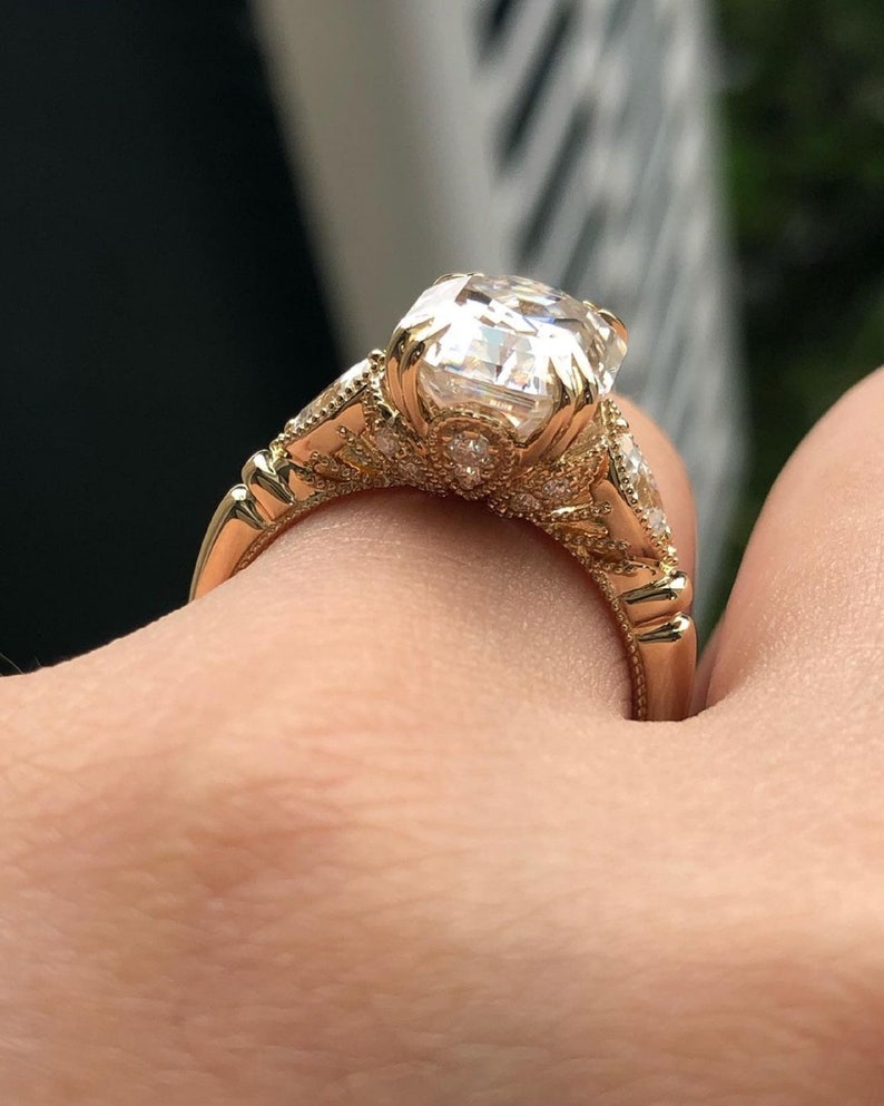 5.50 CT emerald cut moissanite engagement ring 11 x 8.5 mm solitaire ringemerald cut engagement ring14k yellow gold wedding ringwomen image 2