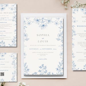 Scandinavische bloemenbruidssuite – uitnodiging, RSVP, menu en details – bewerkbare en afdrukbare canvassjablonen, minimalistische 4-delige set.