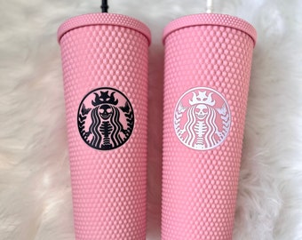 Pink Skeleton Skeleton Decal Inspired Tumbler | Skeleton Logo Studded Tumbler with Straw & Lid | Luxury Tumbler | Iridescent Travel Cup