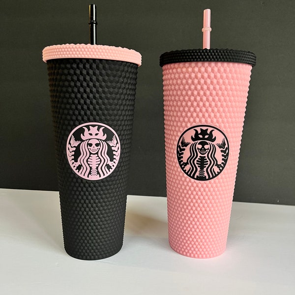 Pink Skeleton Decal Inspired Tumbler | Skeleton Logo Studded Tumbler with Straw & Lid | Luxury Tumbler | Travel Cup | Matte-Iridescent