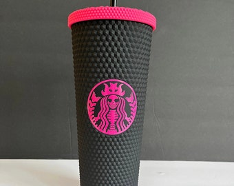 Pink skeleton Decal Tumbler | Skeleton Logo Studded Tumbler with straw & Lid | Luxury Tumbler | Travel Cup | Matte-Iridescent