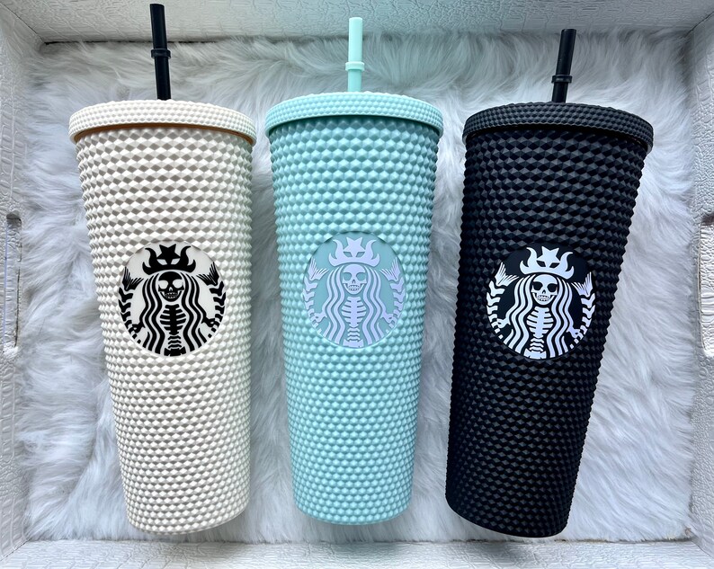 Skeleton Starbucks Inspired Tumbler | Skeleton Logo Studded Tumbler with Straw & Lid | Luxury Tumbler | Travel Cup | Matte-Iridescent 