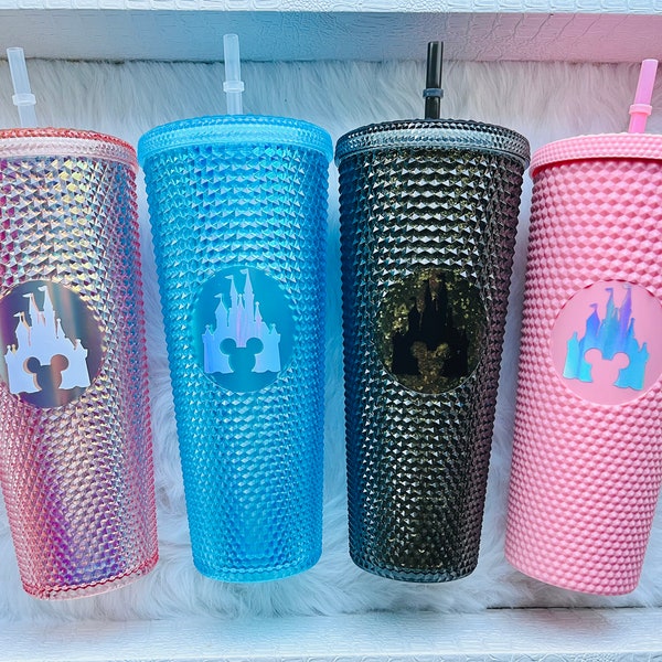 Gobelet clouté avec couvercle en paille Disney | Gobelet inspiré de Starbucks | Gobelet Château Mickey | Gobelet des Fêtes | Holographique - Mat