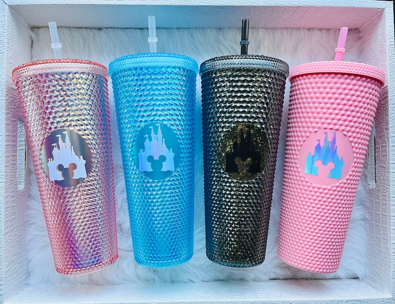 Disney Studded Tumbler with Straw-Lid Starbucks Inspired Tumbler Cup Mickey Castle Tumbler Holiday Tumbler Holographic Matte image 1